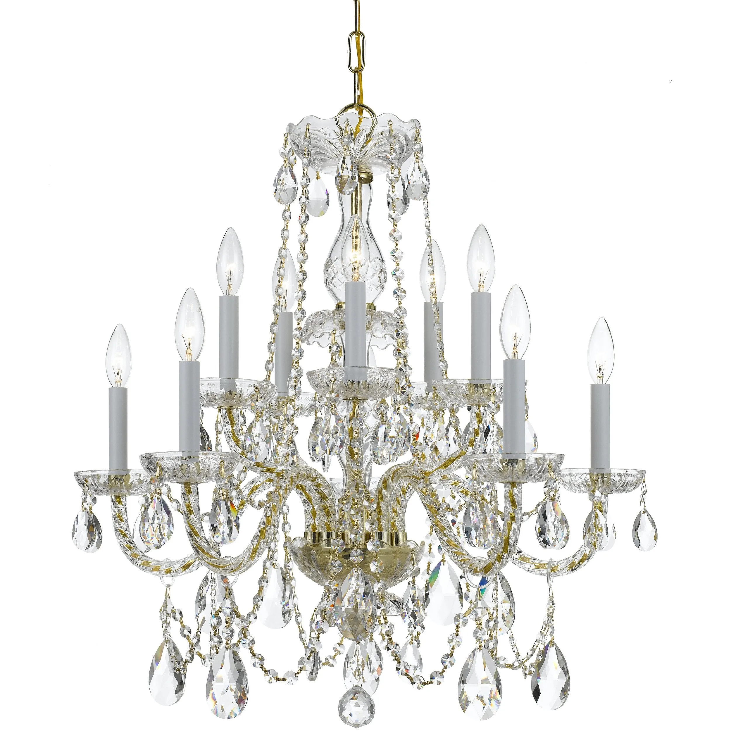 10 Light Polished Brass Crystal Chandelier Draped In Clear Swarovski Strass Crystal - C193-1130-PB-CL-S