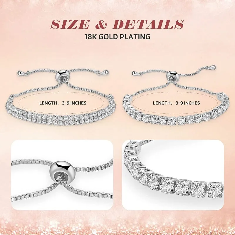 2 Piece Tennis Bracelets Set - 18K Plated Filled Real Gold 3mm 4mm Cubic Zirconias Adjustable Wrist