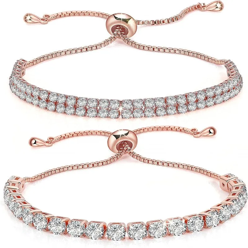 2 Piece Tennis Bracelets Set - 18K Plated Filled Real Gold 3mm 4mm Cubic Zirconias Adjustable Wrist