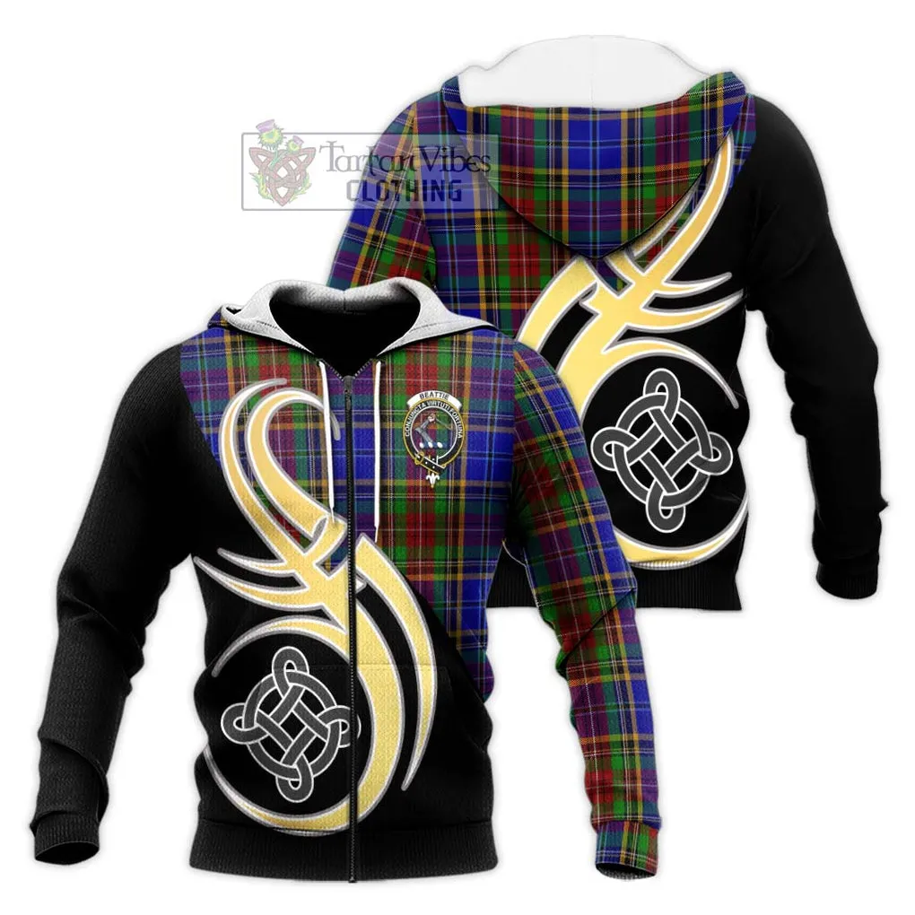 Beattie Tartan Knitted Hoodie with Family Crest and Celtic Symbol Style