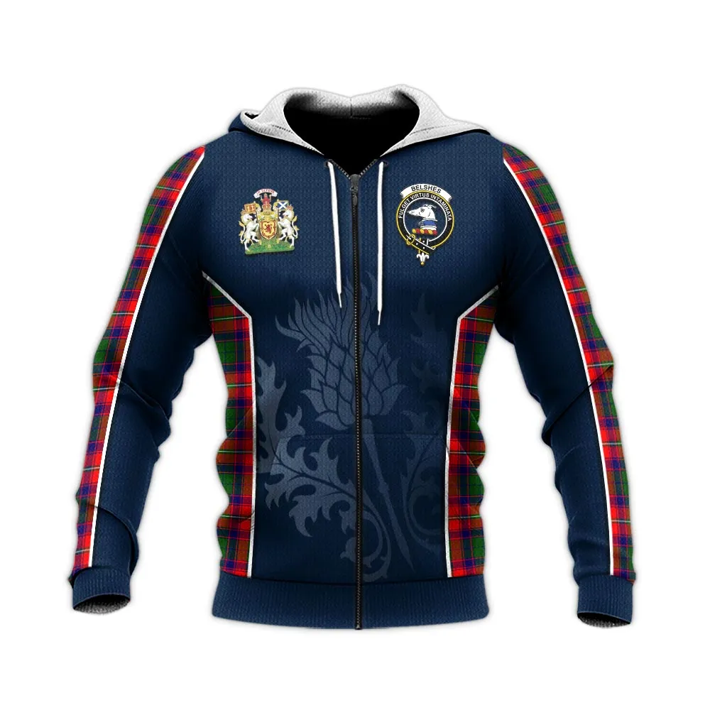 Belshes Tartan Knitted Hoodie with Family Crest and Scottish Thistle Vibes Sport Style