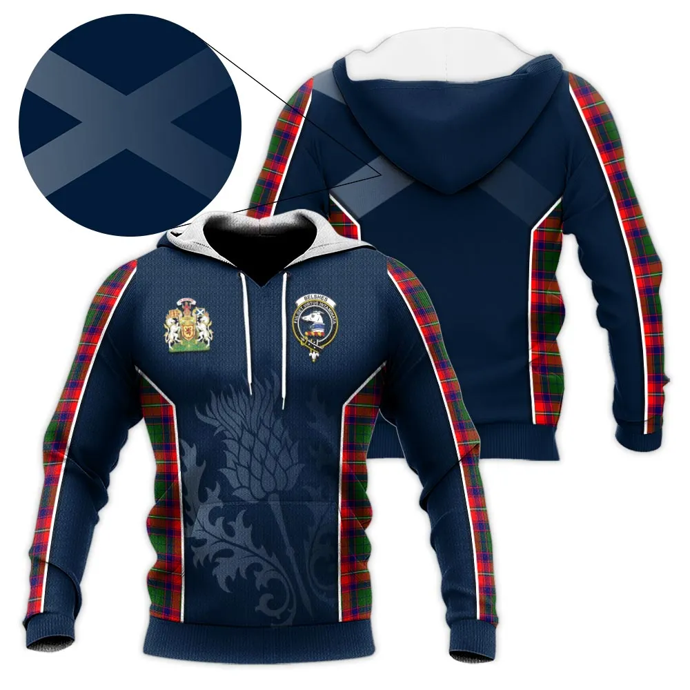 Belshes Tartan Knitted Hoodie with Family Crest and Scottish Thistle Vibes Sport Style