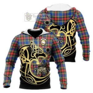 Bethune Tartan Knitted Hoodie with Family Crest Celtic Wolf Style