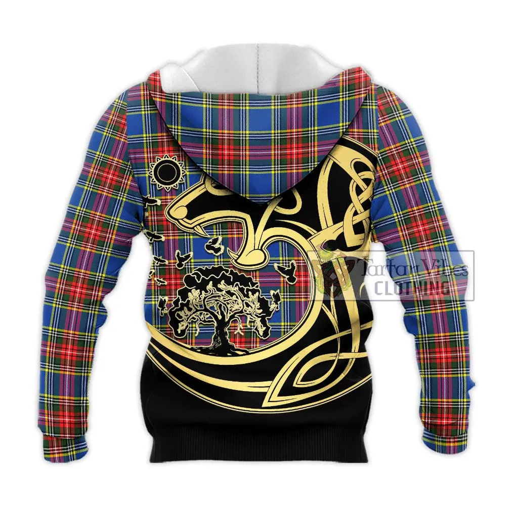 Bethune Tartan Knitted Hoodie with Family Crest Celtic Wolf Style