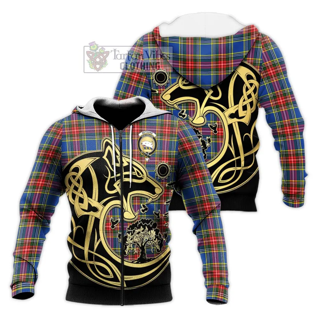 Bethune Tartan Knitted Hoodie with Family Crest Celtic Wolf Style