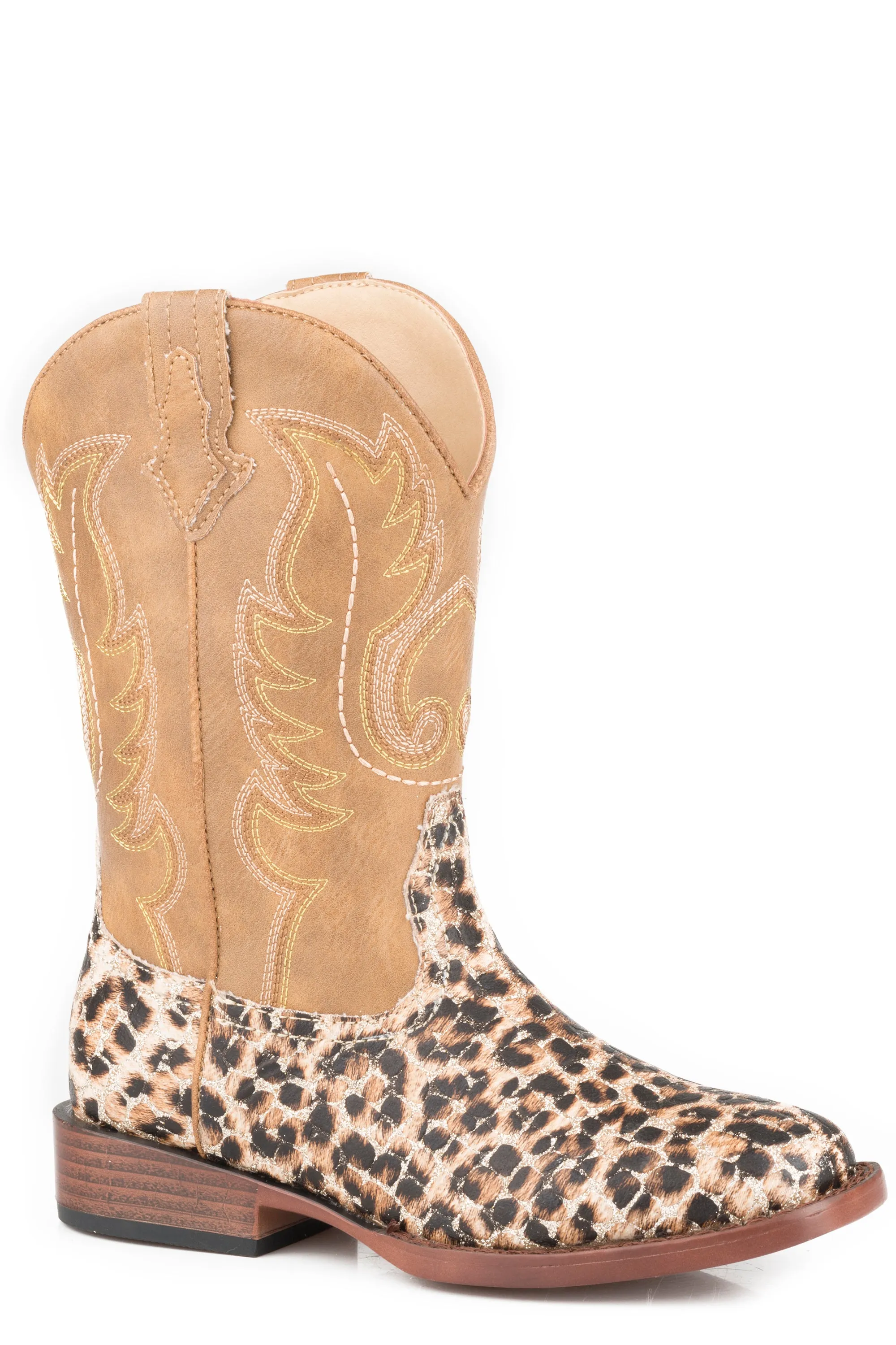 BIG GIRLS GOLD GLITTER LEOPARD PRINT VAMP BOOT WITH BROWN SHAFT