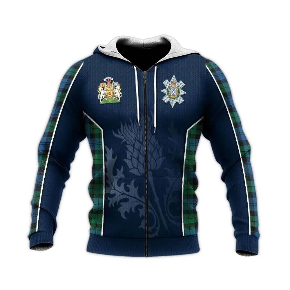 Black Watch Ancient Tartan Knitted Hoodie with Family Crest and Scottish Thistle Vibes Sport Style