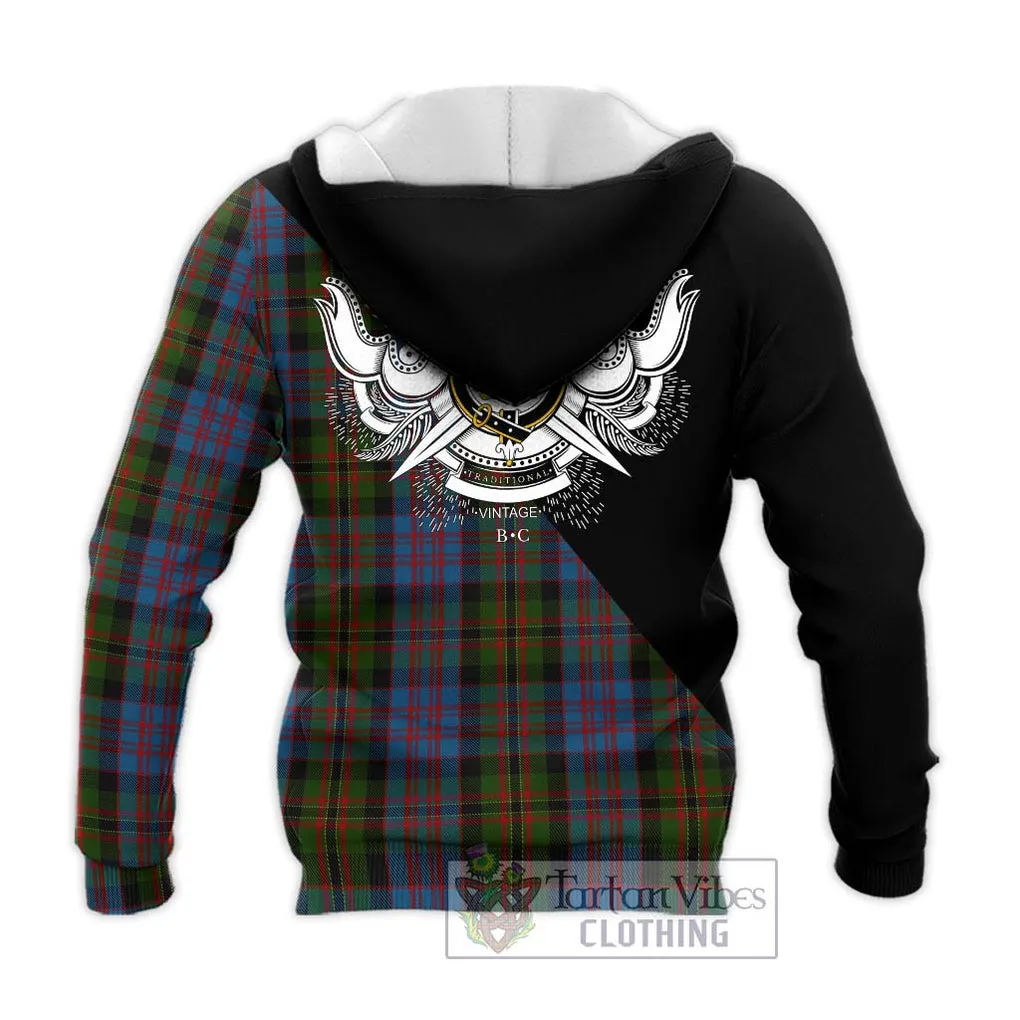 Bowie Tartan Knitted Hoodie with Family Crest and Military Logo Style