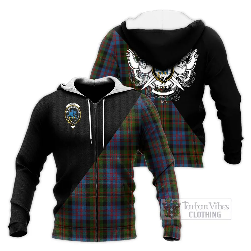 Bowie Tartan Knitted Hoodie with Family Crest and Military Logo Style