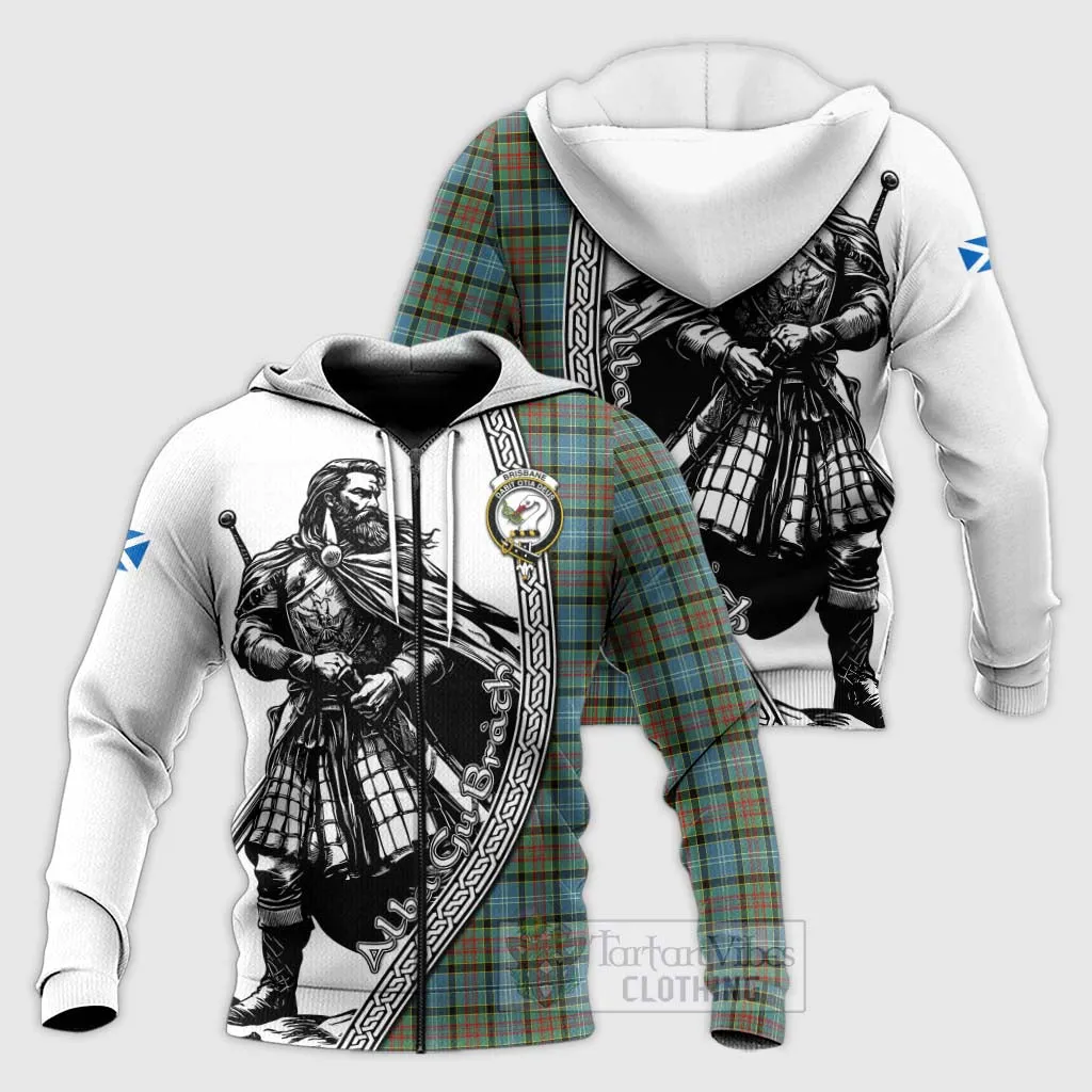 Brisbane Tartan Clan Crest Knitted Hoodie with Highlander Warrior Celtic Style