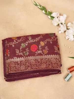 Brown Banarasi Saree with Flower Design on the Body with Designed Border