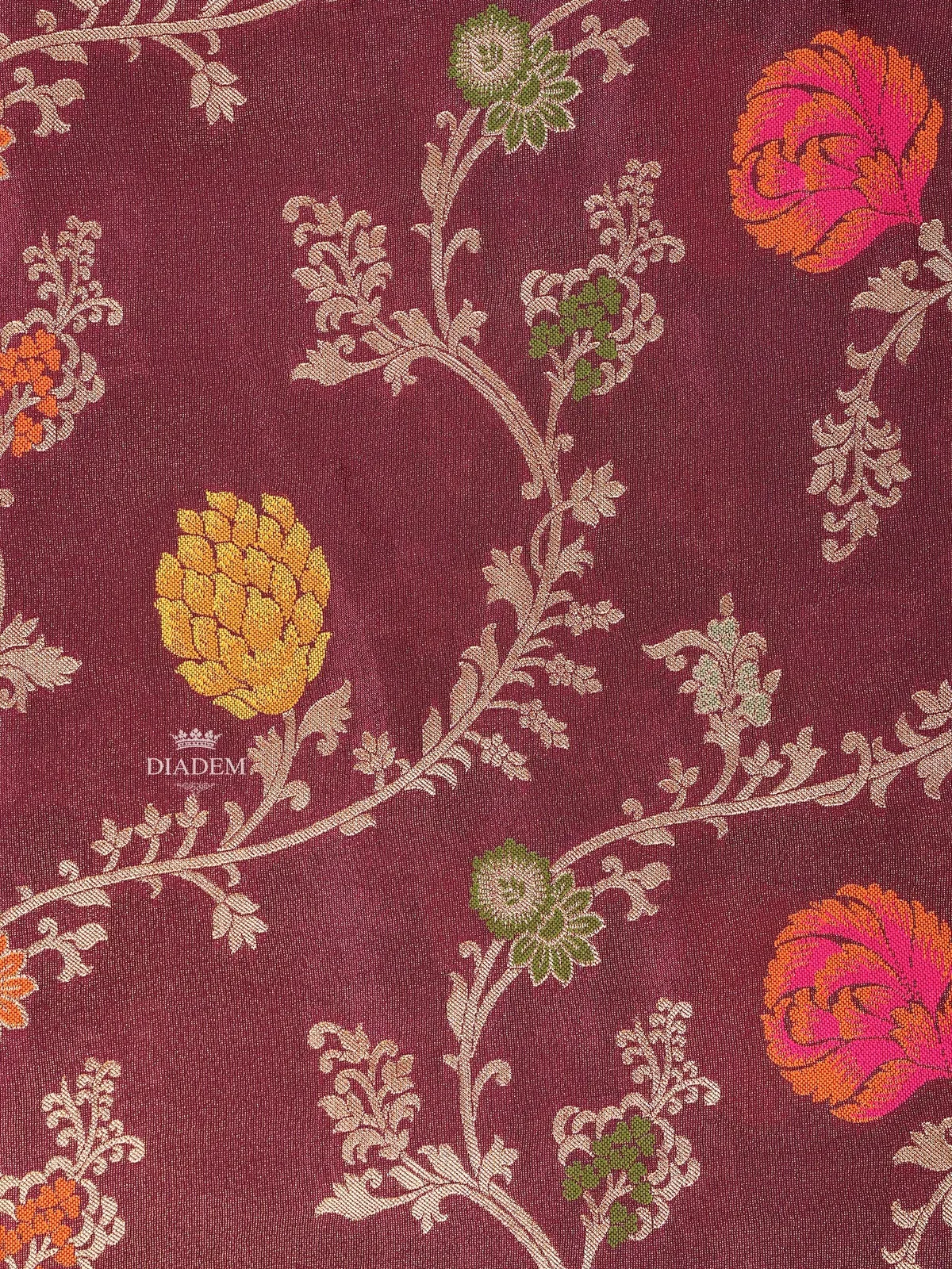 Brown Banarasi Saree with Flower Design on the Body with Designed Border