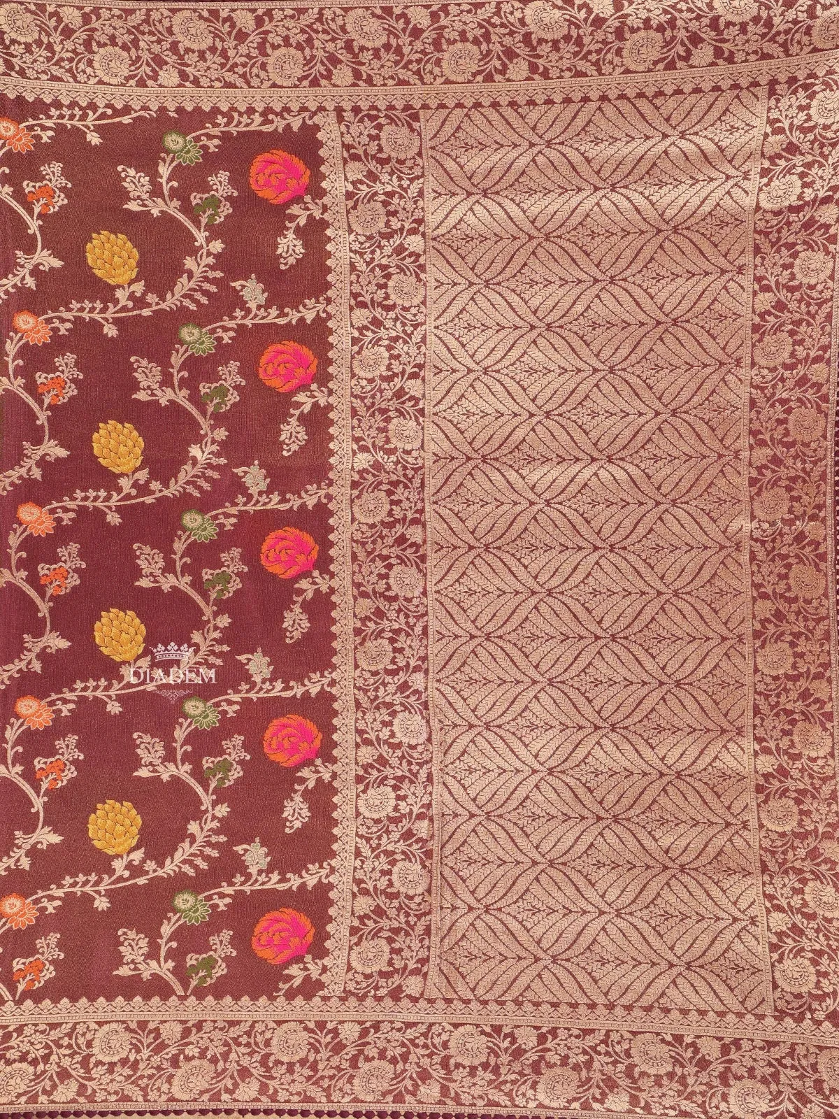 Brown Banarasi Saree with Flower Design on the Body with Designed Border