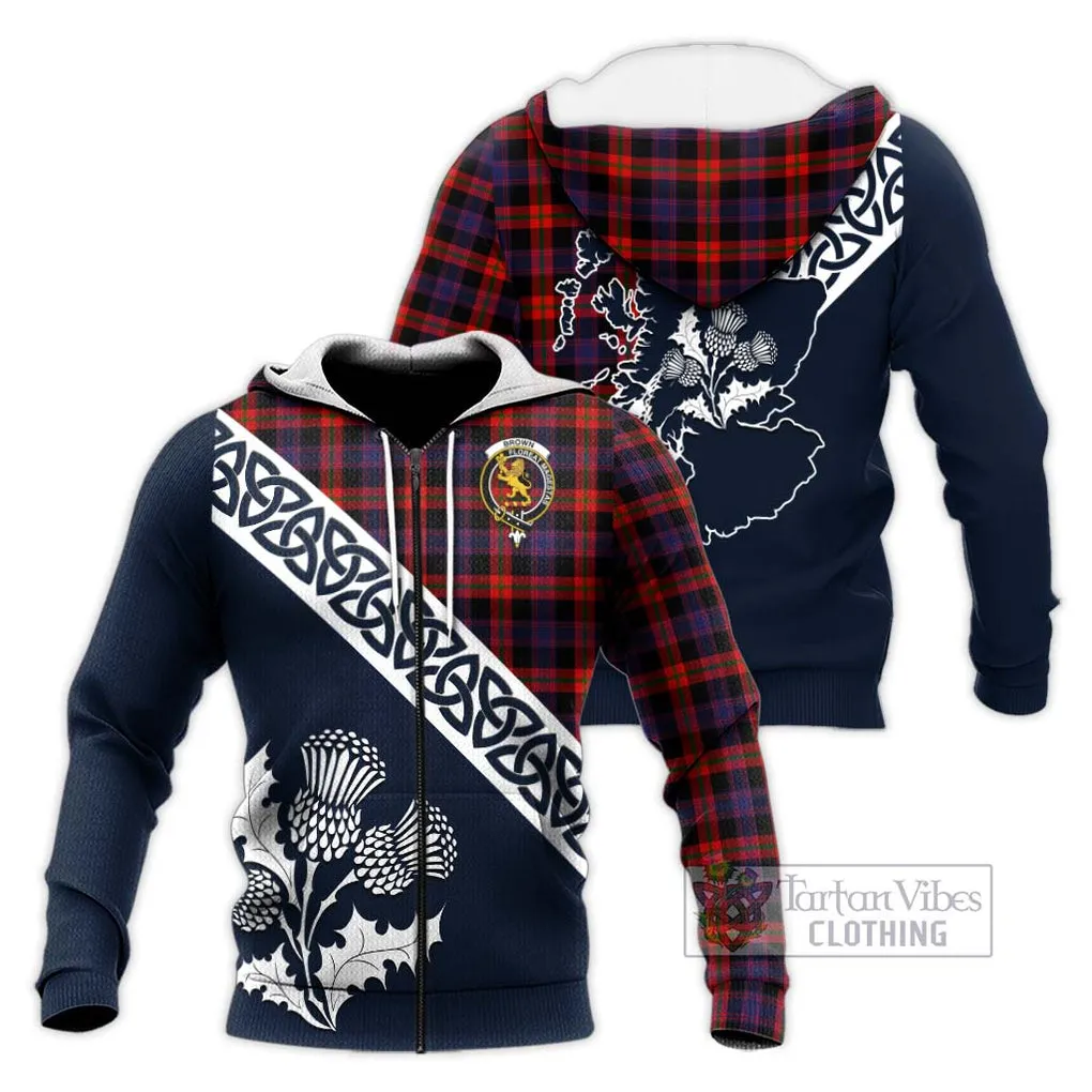 Brown (Broun) Tartan Knitted Hoodie Featuring Thistle and Scotland Map