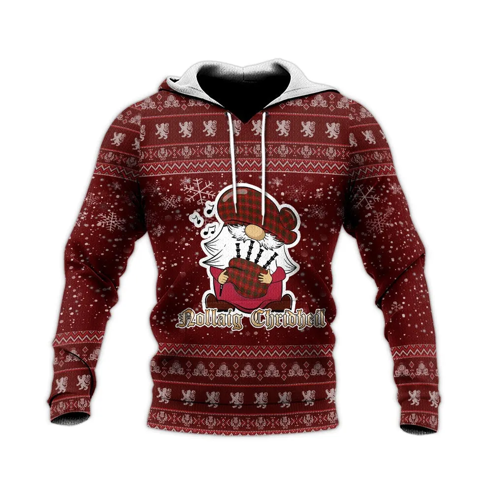 Bruce Clan Christmas Knitted Hoodie with Funny Gnome Playing Bagpipes