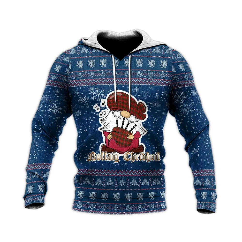 Bruce Clan Christmas Knitted Hoodie with Funny Gnome Playing Bagpipes