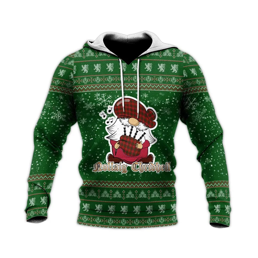 Bruce Clan Christmas Knitted Hoodie with Funny Gnome Playing Bagpipes