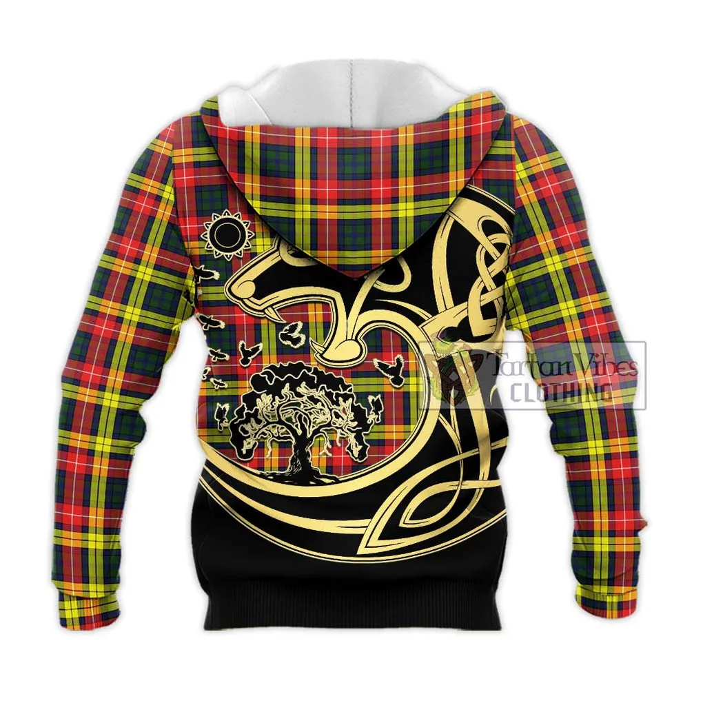 Buchanan Modern Tartan Knitted Hoodie with Family Crest Celtic Wolf Style