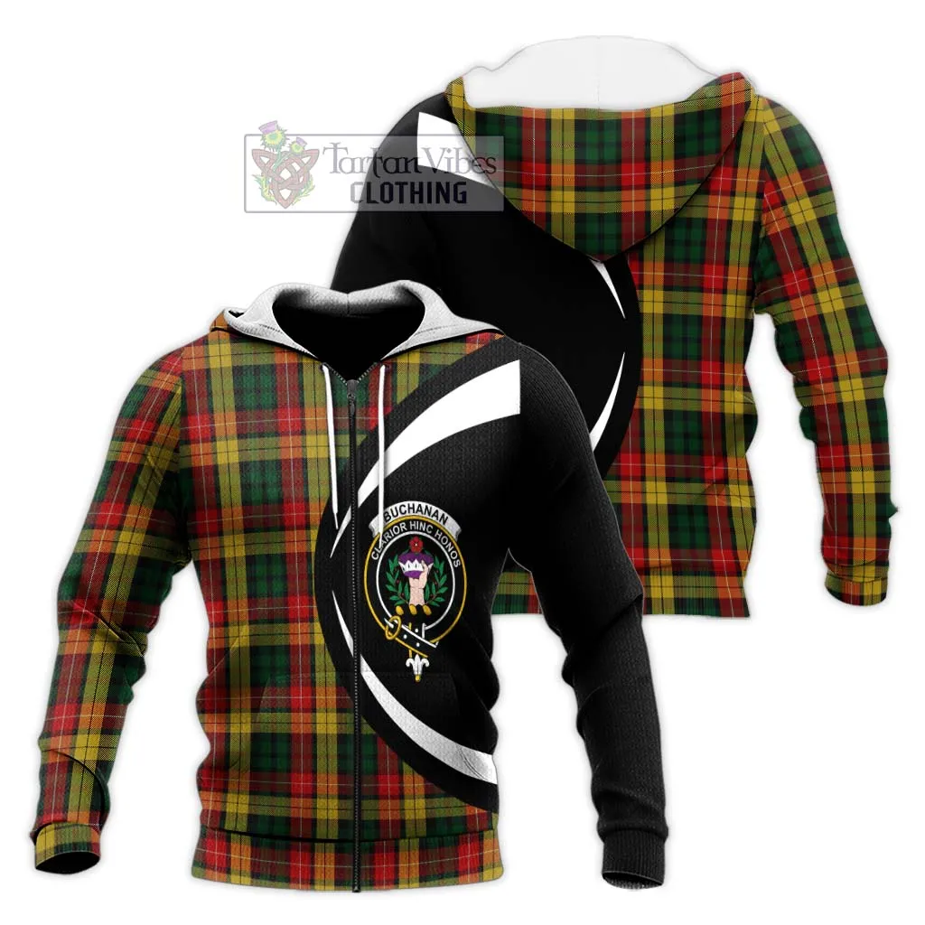 Buchanan Tartan Knitted Hoodie with Family Crest Circle Style