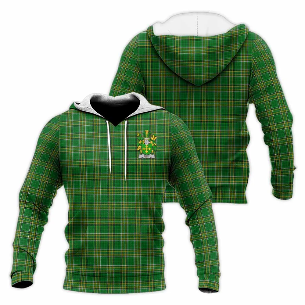 Bury Irish Clan Tartan Knitted Hoodie with Coat of Arms