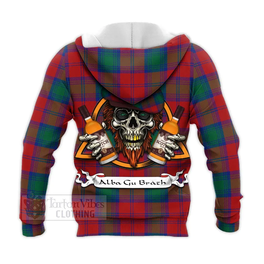 Byres (Byses) Tartan Knitted Hoodie with Family Crest and Bearded Skull Holding Bottles of Whiskey