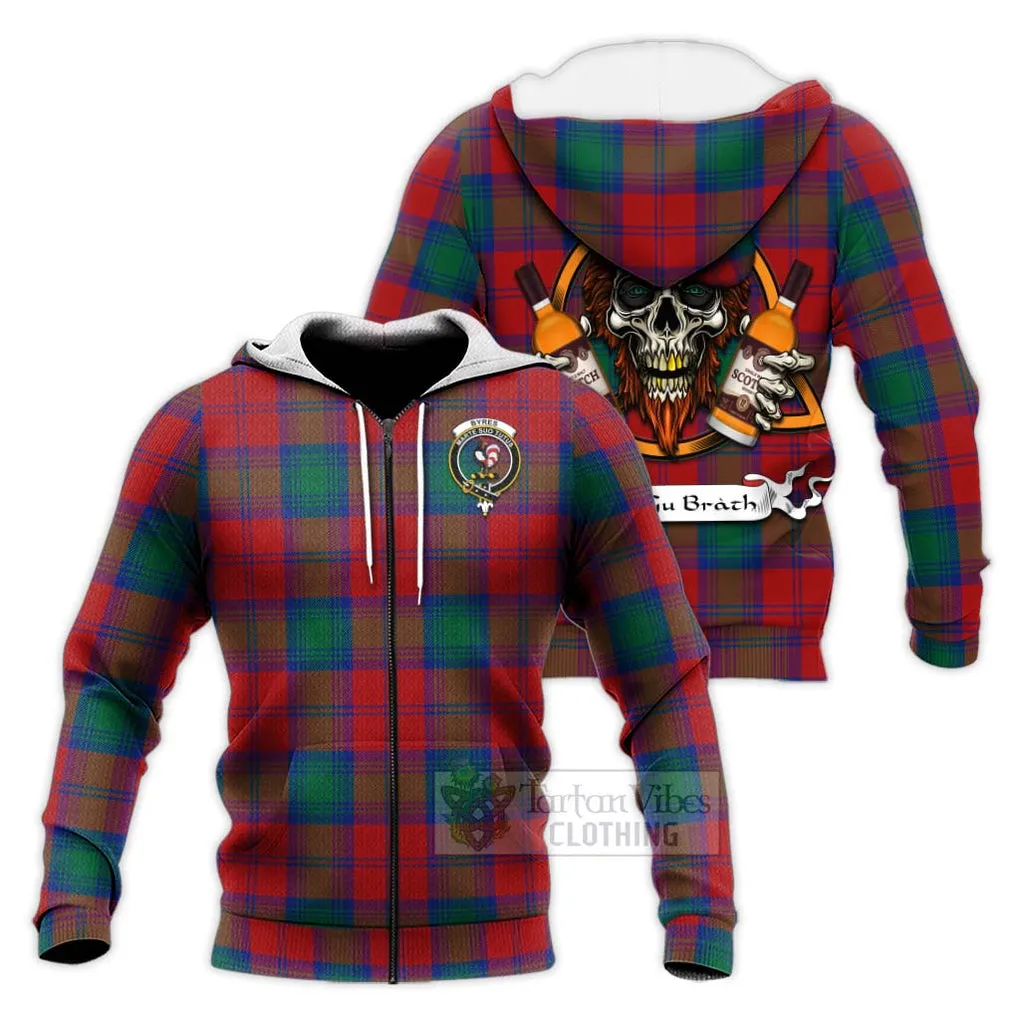 Byres (Byses) Tartan Knitted Hoodie with Family Crest and Bearded Skull Holding Bottles of Whiskey