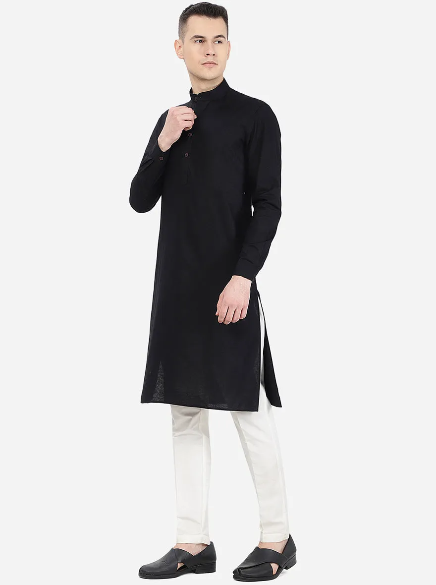 Ink Black Self Textured Regular Fit Modi Kurta | JadeBlue