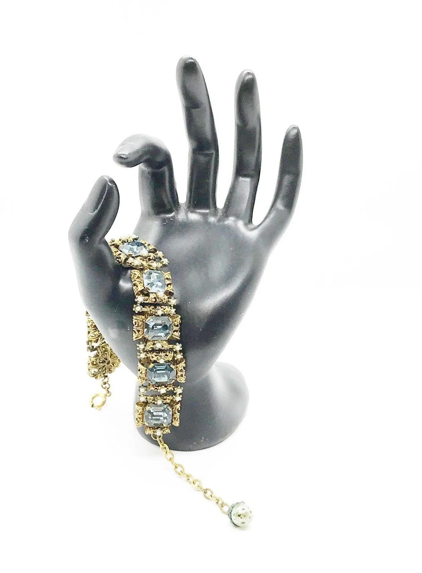 Opulent Vintage Blue Rhinestone Bracelet with Amazing Metalwork