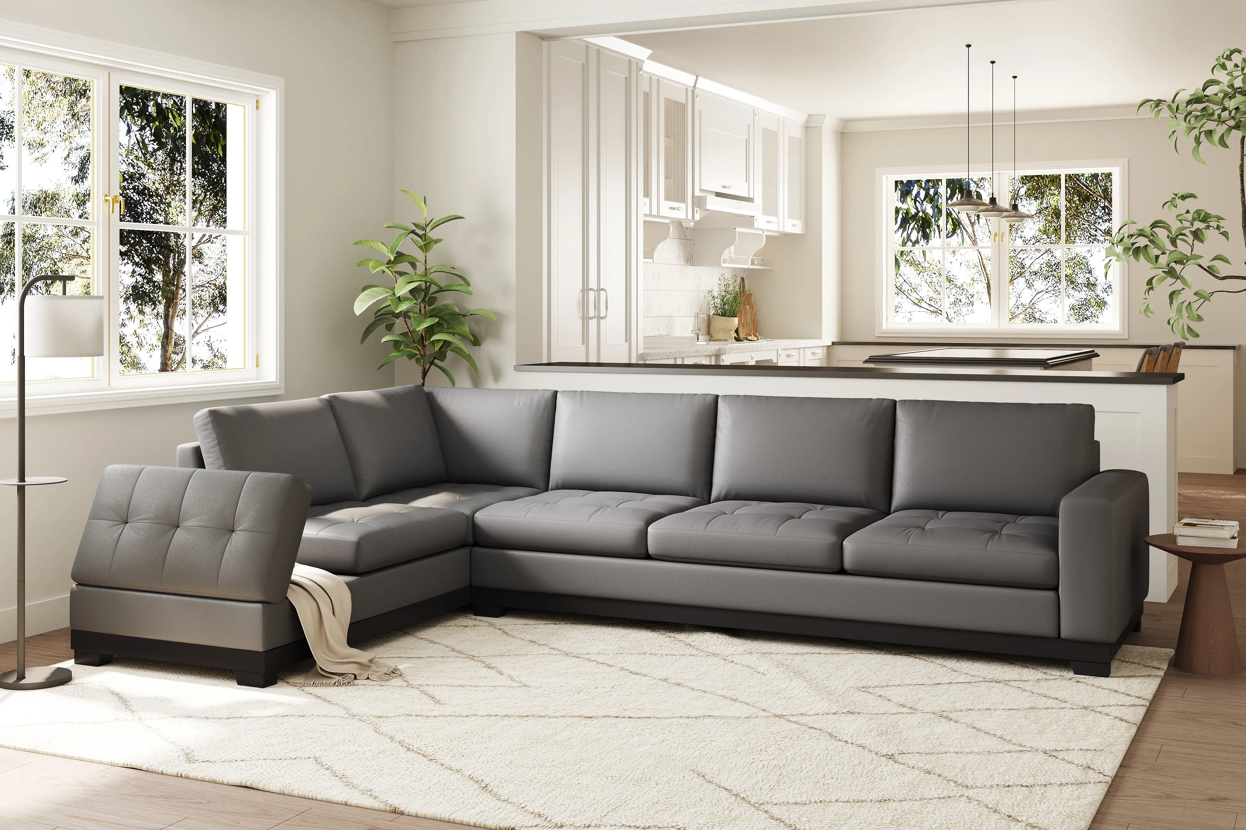 Valencia Aine Top Grain Leather Four Seats with Left Chaise Sofa, Charcoal Grey