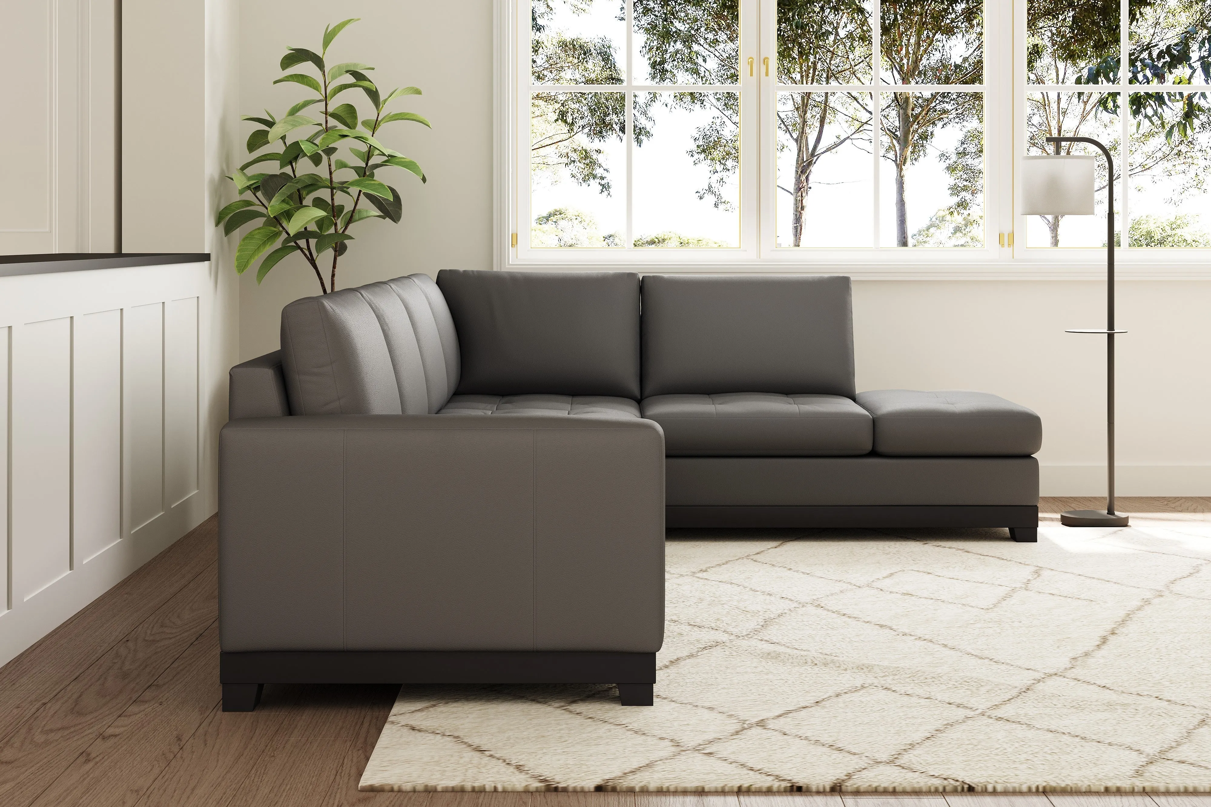 Valencia Aine Top Grain Leather Four Seats with Right Chaise Sofa, Charcoal Grey