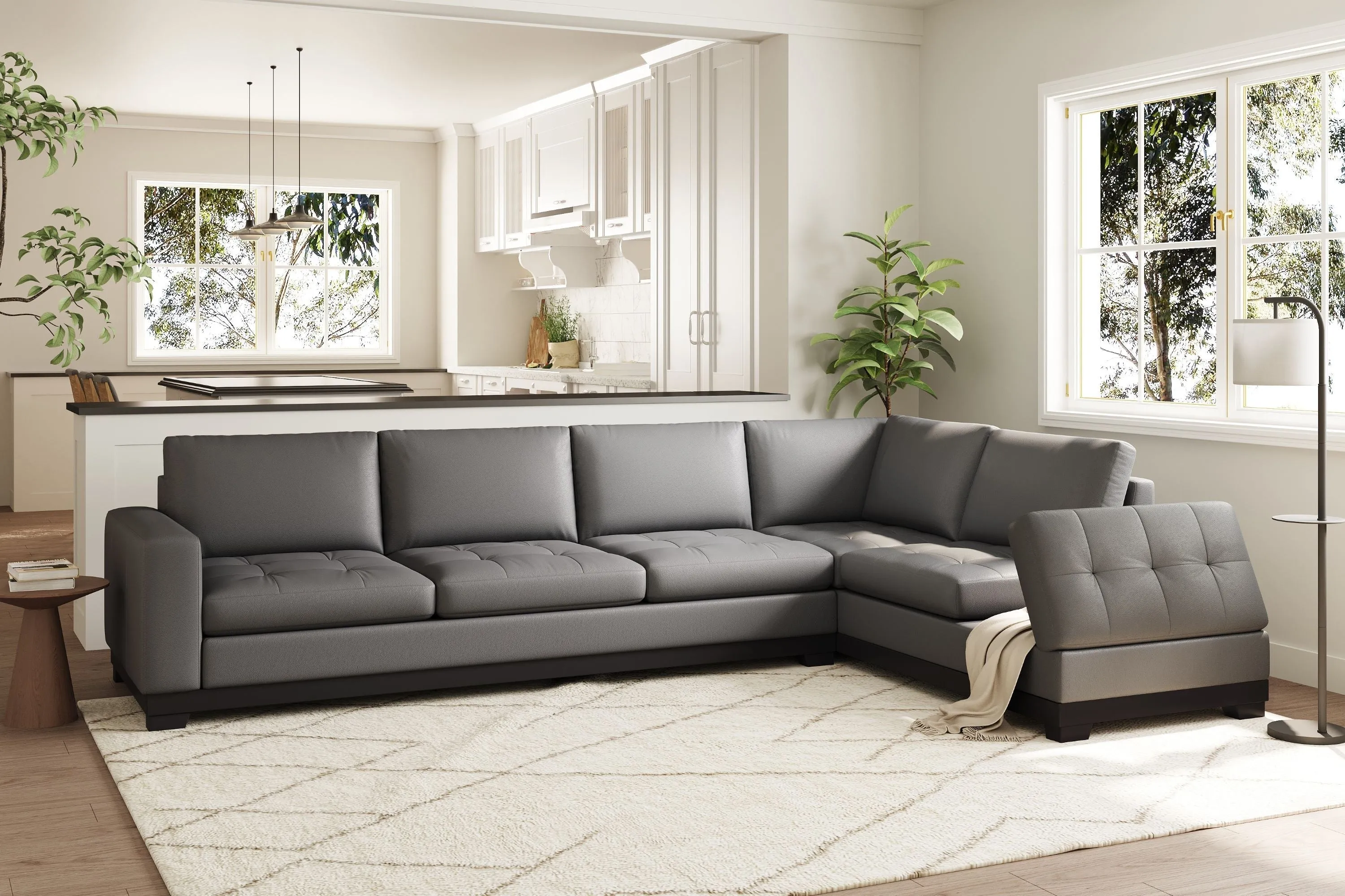 Valencia Aine Top Grain Leather Four Seats with Right Chaise Sofa, Charcoal Grey