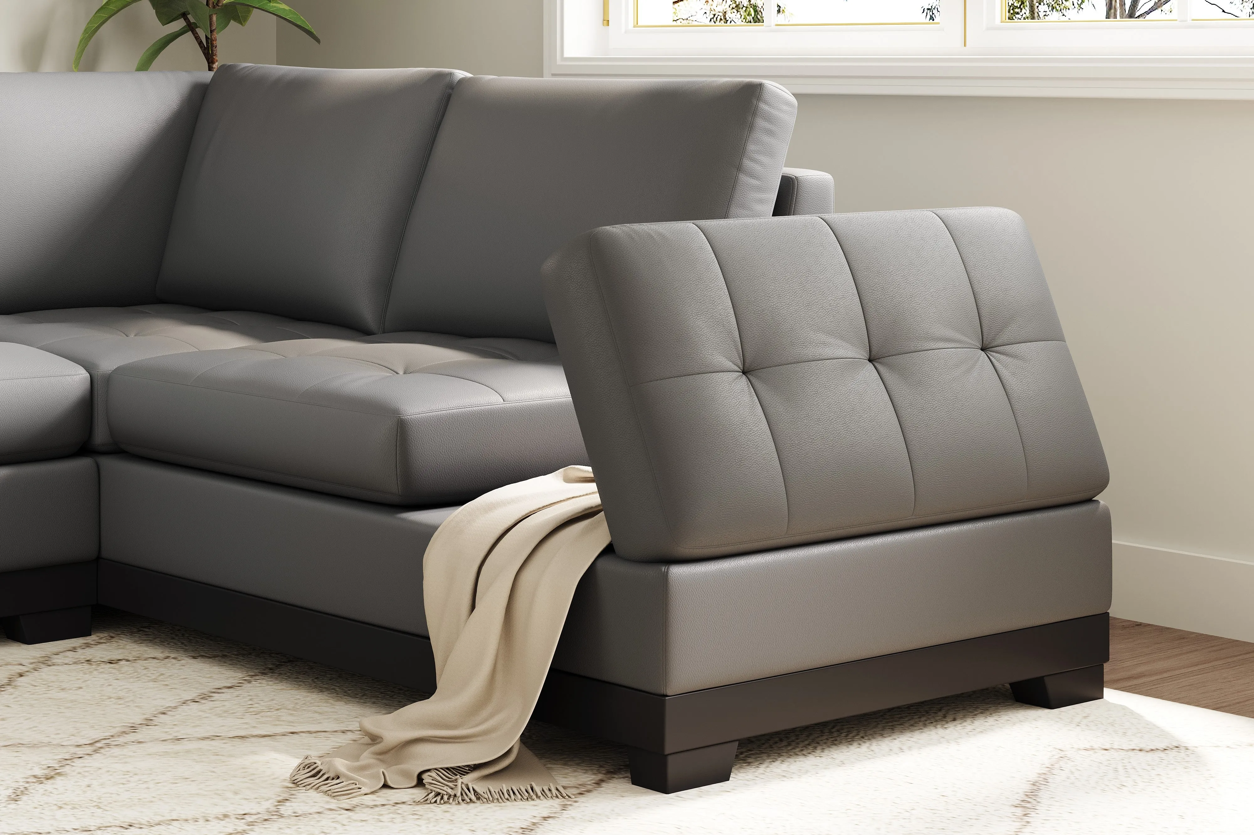 Valencia Aine Top Grain Leather Four Seats with Right Chaise Sofa, Charcoal Grey