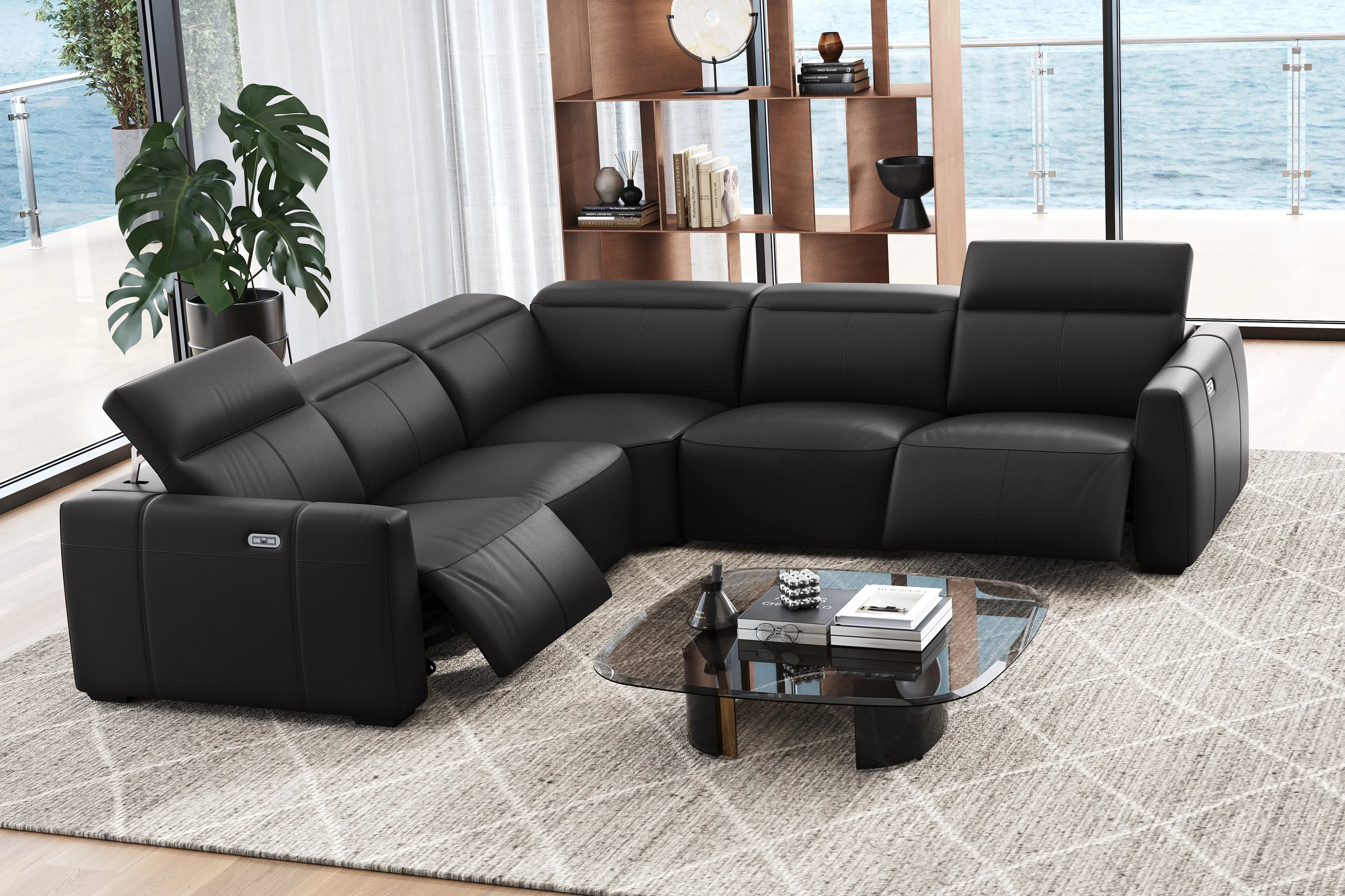 Valencia Carmen Leather L-Shape Dual Recliner Sofa, Black