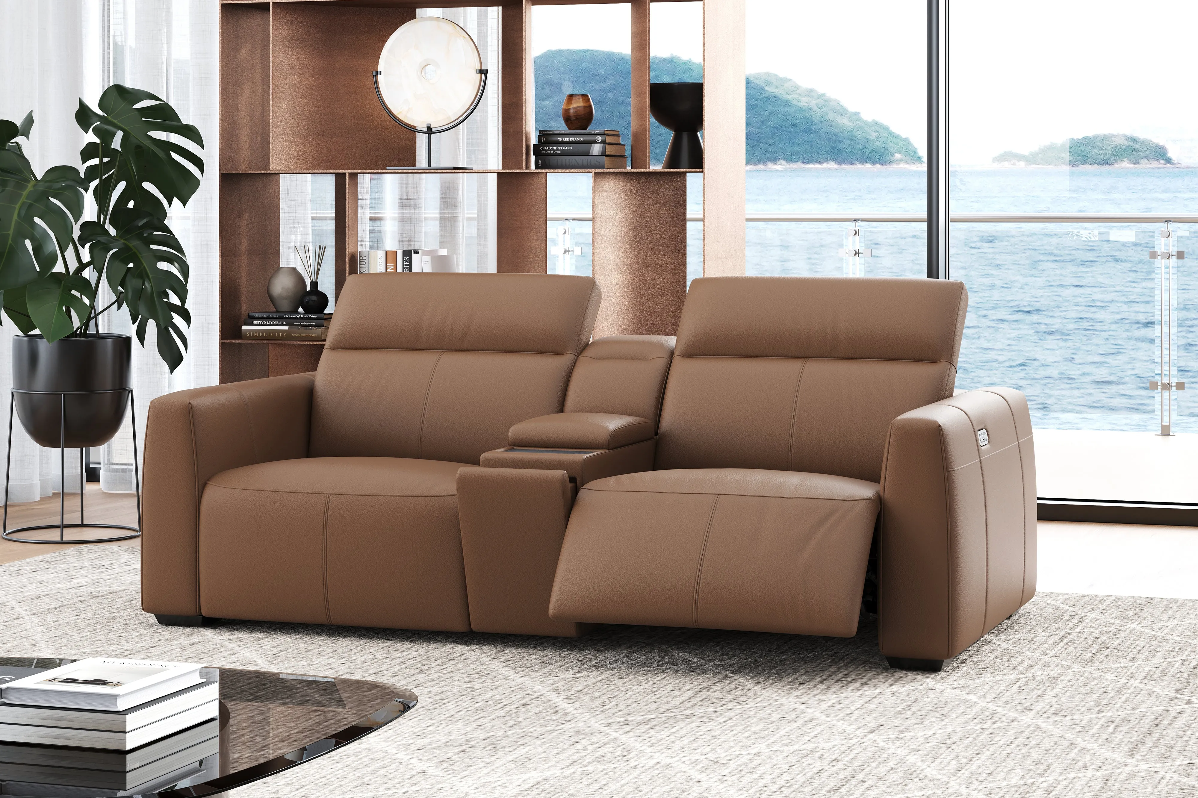 Valencia Carmen Leather Loveseat Dual Recliner with Console Lounge, Brown