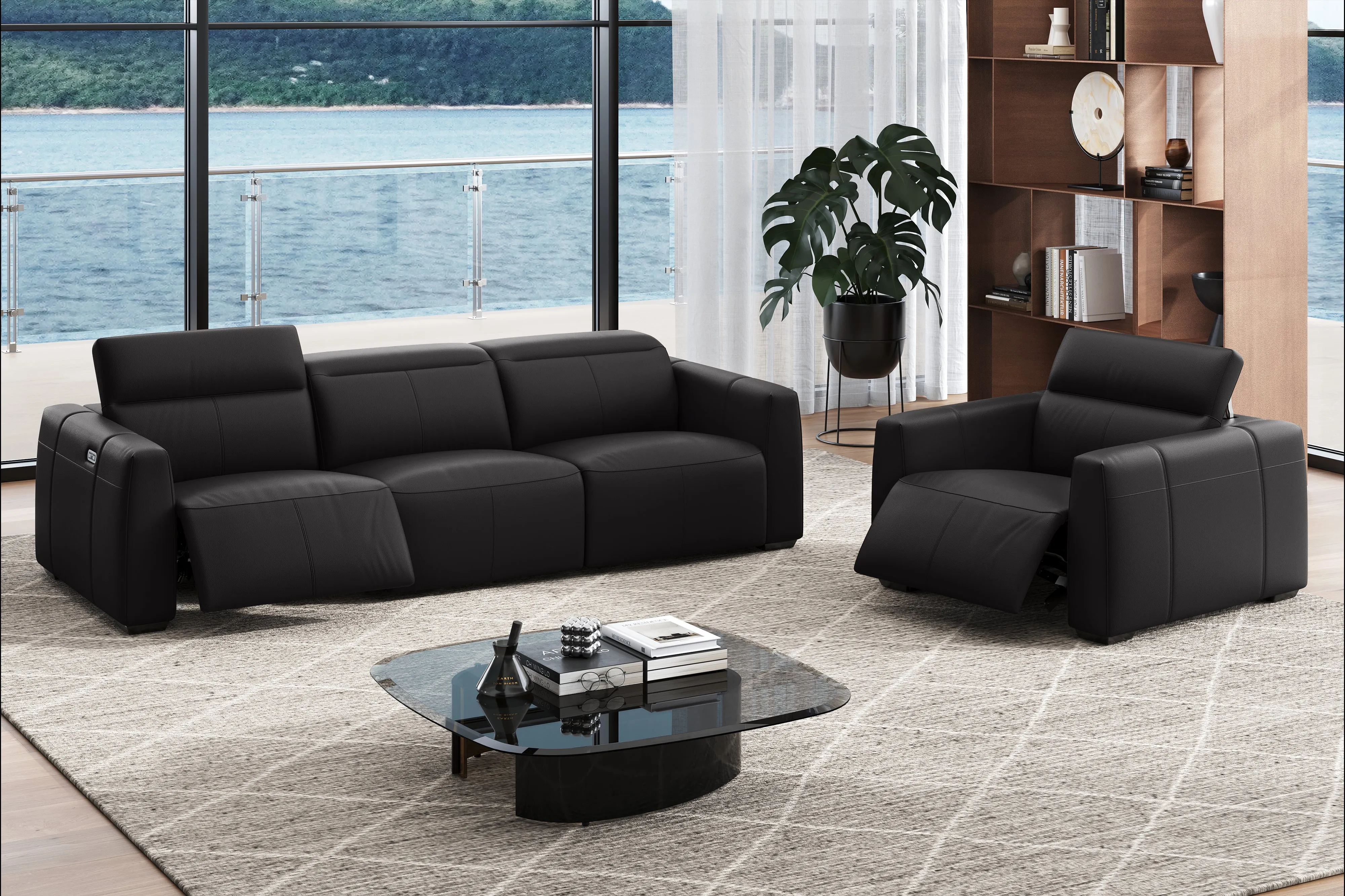 Valencia Carmen Leather Three Seats with Dual Recliner Sofa, Black