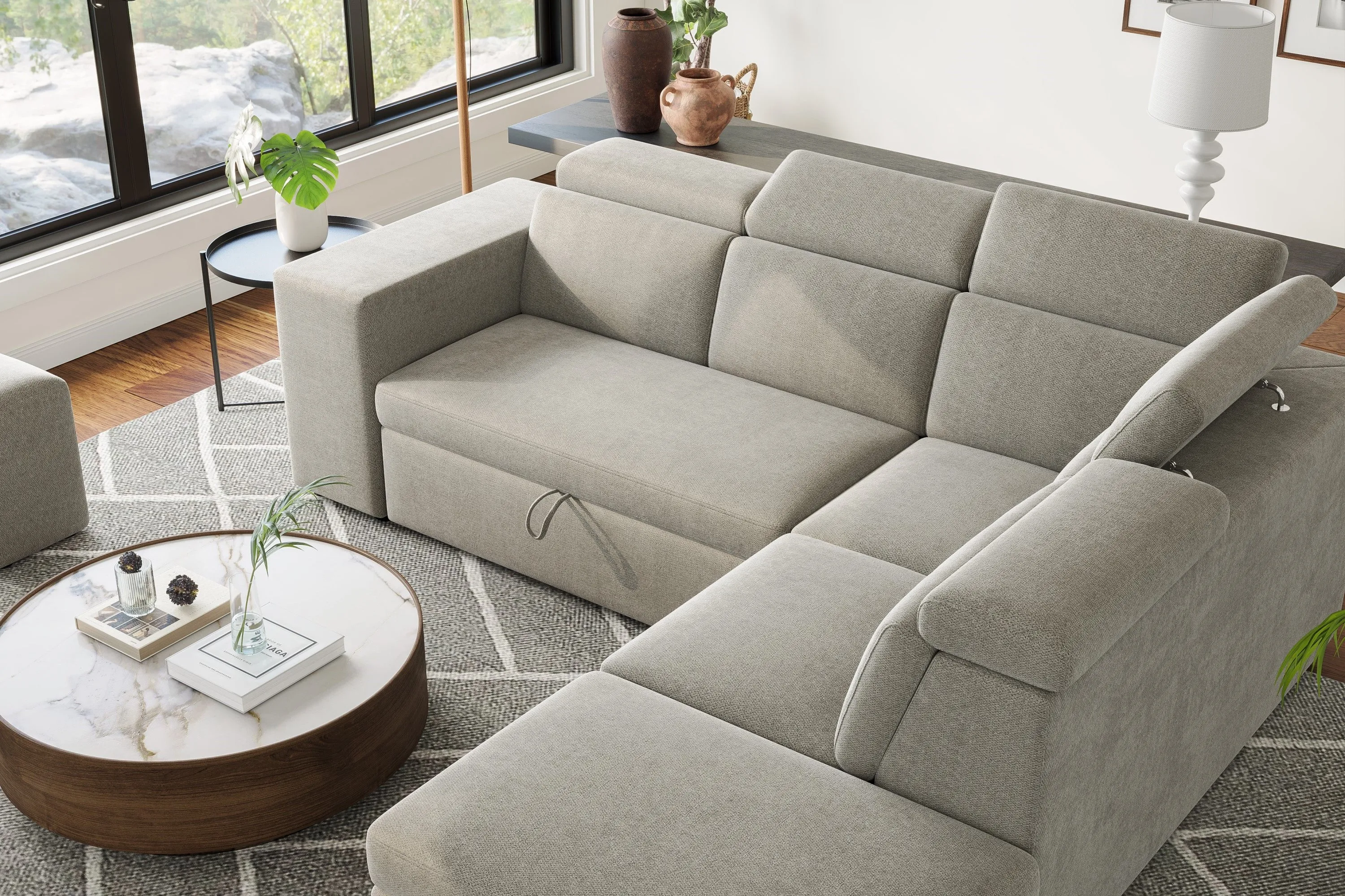 Valencia Finn Fabric Sectional Sofa Bed with Right Hand Storage, Light Grey