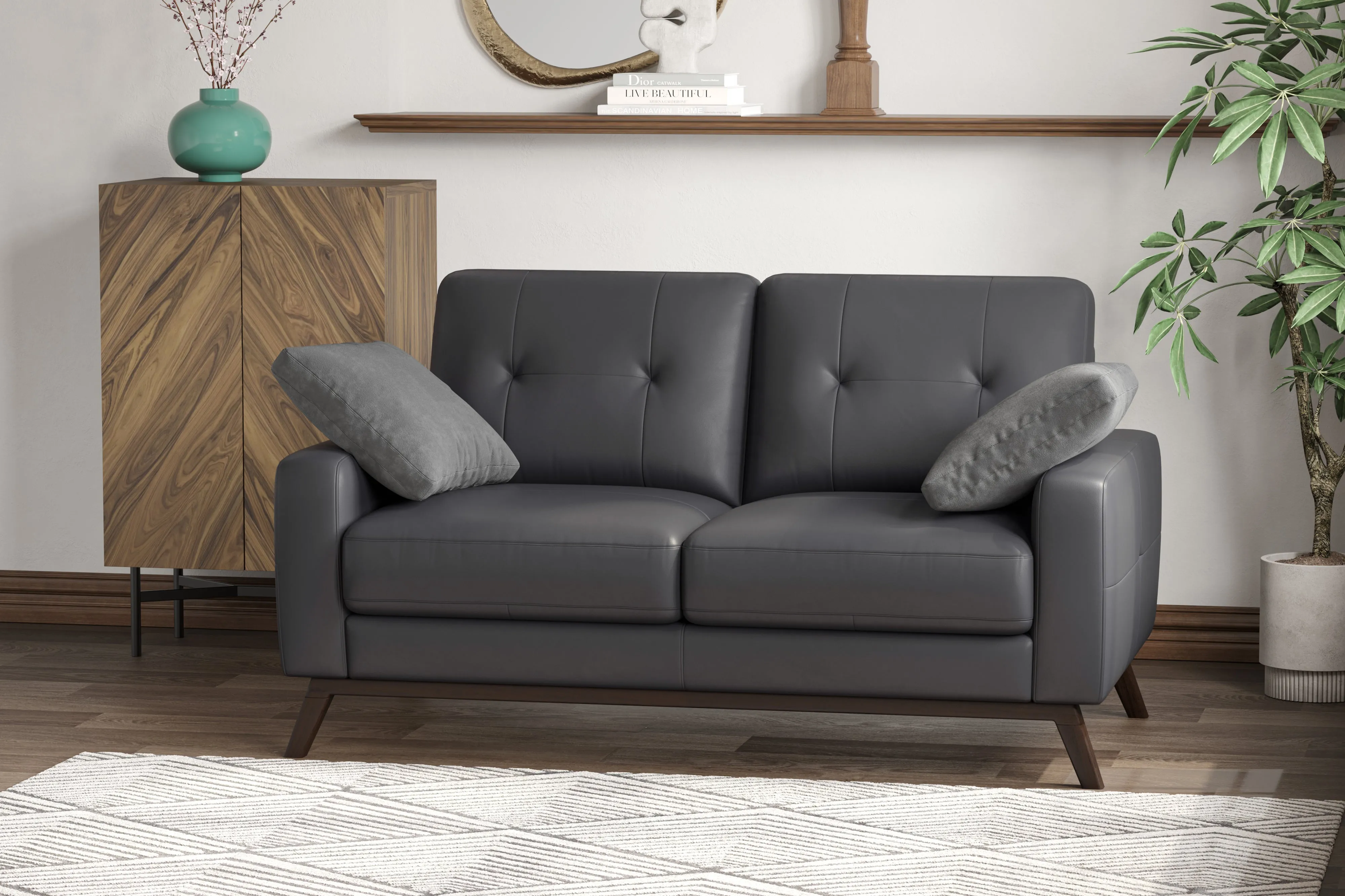 Valencia Francesca Mid Century Top Grain Leather Loveseat Sofa, Charcoal Grey