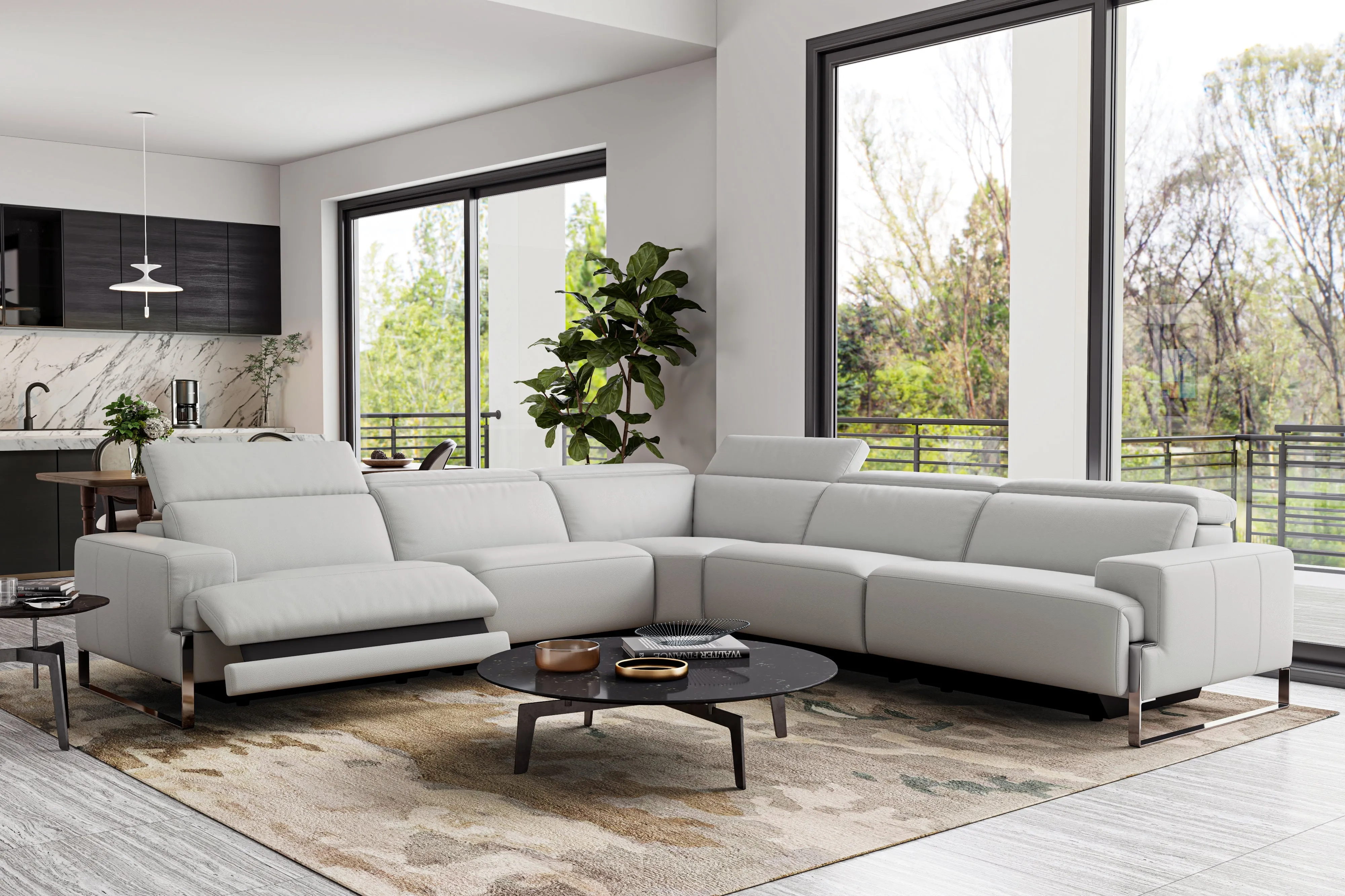 Valencia Melania Top Grain Leather L-Shape Reclining Sectional Sofa, Light Grey Color