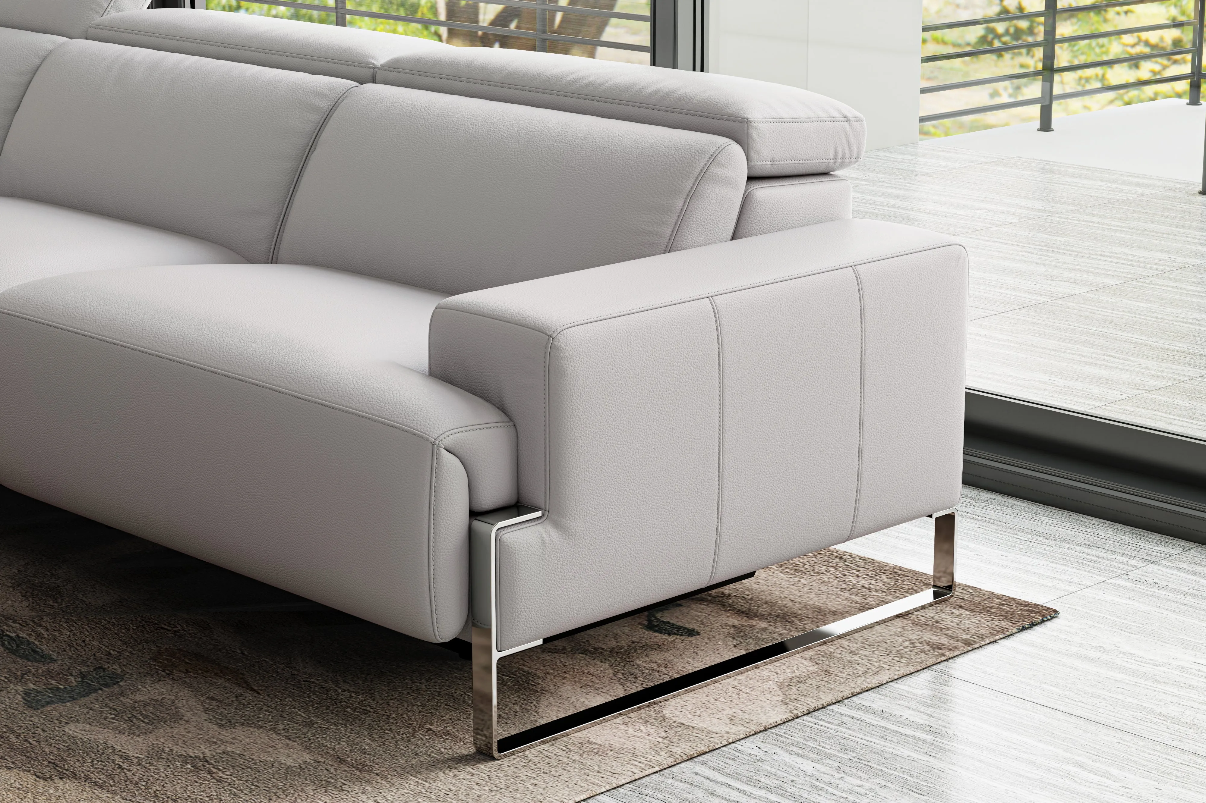 Valencia Melania Top Grain Leather L-Shape Reclining Sectional Sofa, Light Grey Color