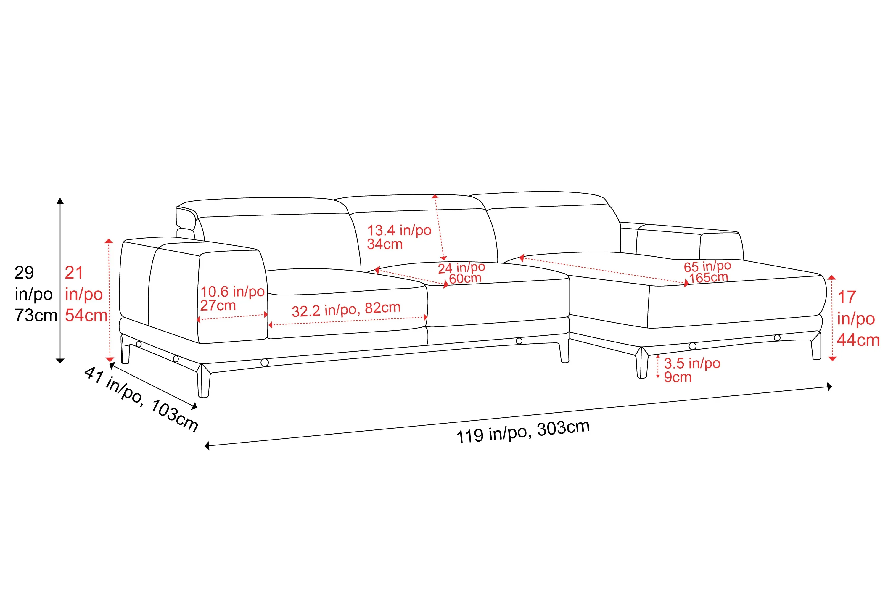 Valencia Valletta Top Grain Leather Three Seats with Right Chaise Sofa, Dark Brown