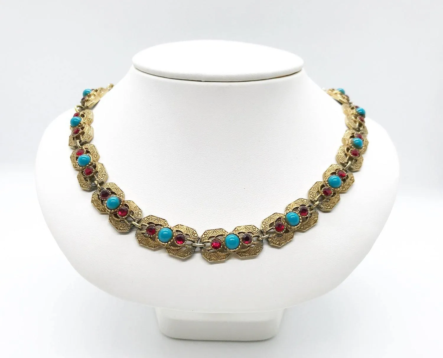 Vintage Victorian Revival Style Necklace with Turquoise and Red Stones