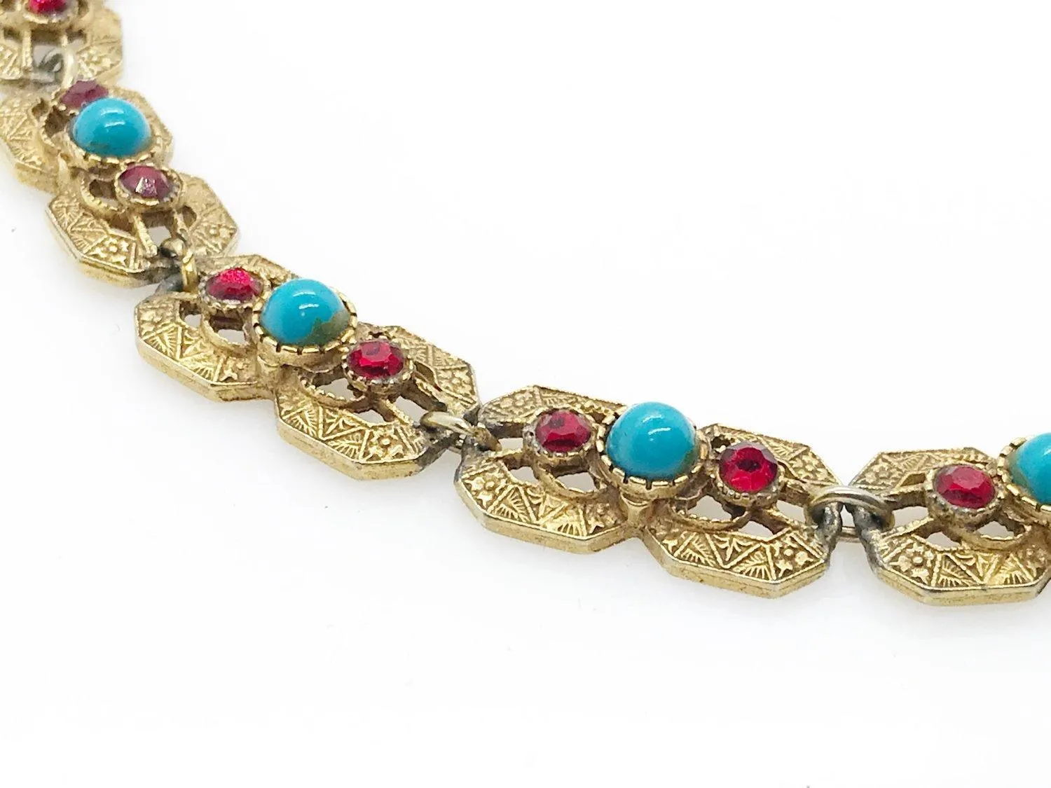 Vintage Victorian Revival Style Necklace with Turquoise and Red Stones