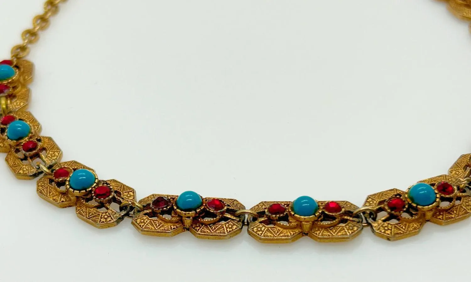 Vintage Victorian Revival Style Necklace with Turquoise and Red Stones