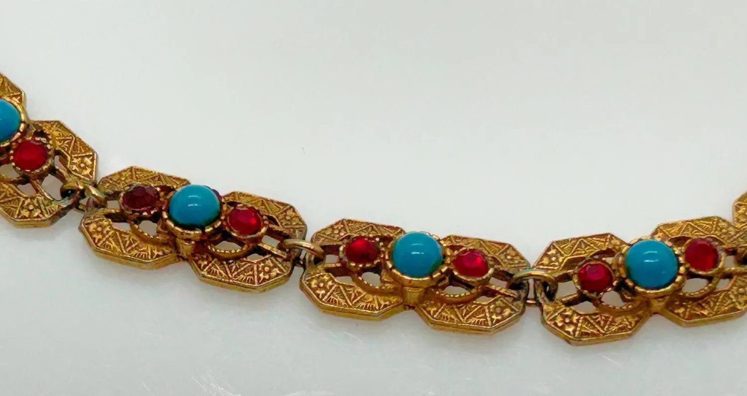 Vintage Victorian Revival Style Necklace with Turquoise and Red Stones