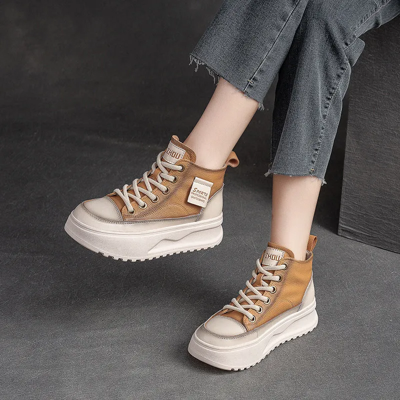 Women Fashion Leather Thick Soled High Top Skate Shoes