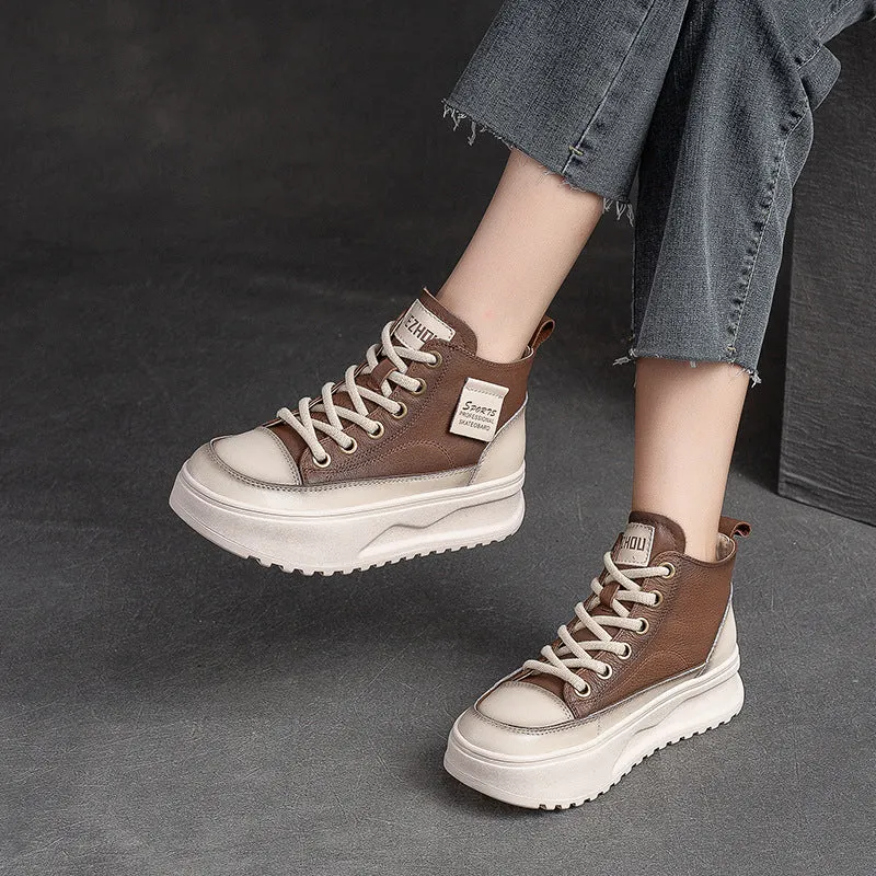 Women Fashion Leather Thick Soled High Top Skate Shoes