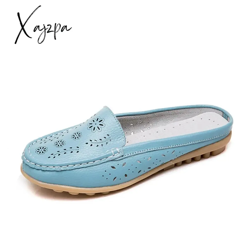 Xajzpa - Flats Women's Shoes Summer Genuine Leather Moccasins Women Loafers Cut-outs Closed-toe Slippers Casual Shoes Woman Sandals