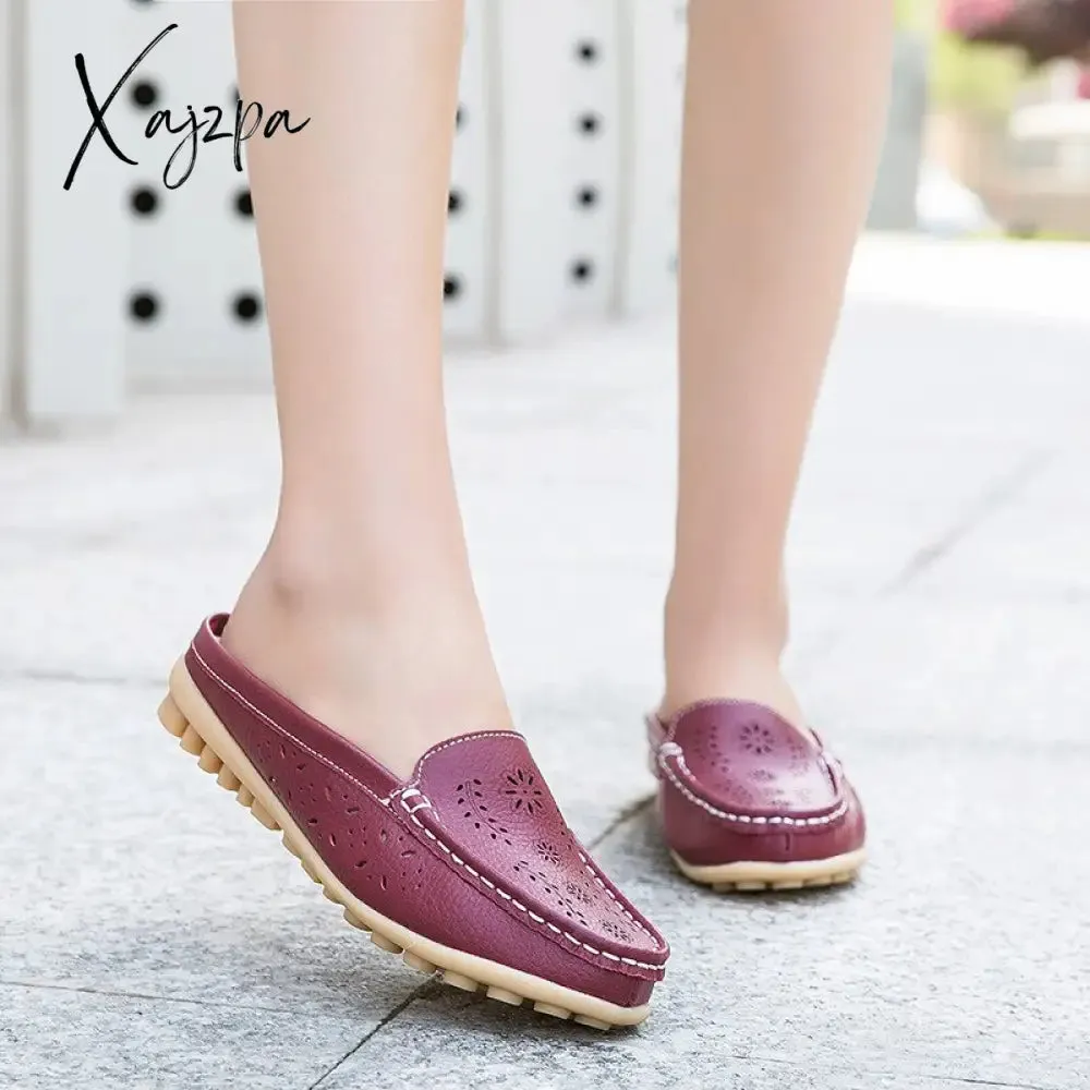 Xajzpa - Flats Women's Shoes Summer Genuine Leather Moccasins Women Loafers Cut-outs Closed-toe Slippers Casual Shoes Woman Sandals