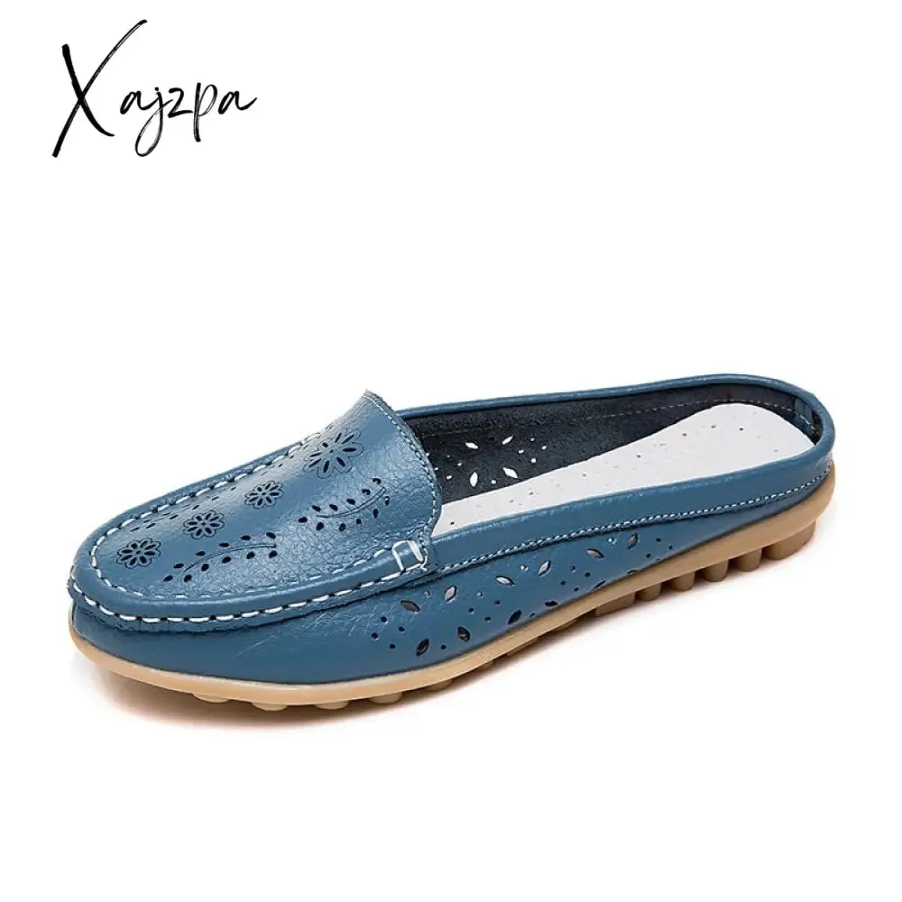 Xajzpa - Flats Women's Shoes Summer Genuine Leather Moccasins Women Loafers Cut-outs Closed-toe Slippers Casual Shoes Woman Sandals