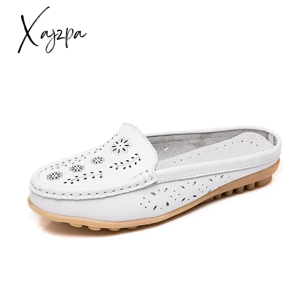 Xajzpa - Flats Women's Shoes Summer Genuine Leather Moccasins Women Loafers Cut-outs Closed-toe Slippers Casual Shoes Woman Sandals